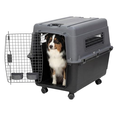 SportPet Airline Compliant LARGE 31.5" Travel Dog Kennel- Durable Plastic Airline Pet Carrier w/ Removable Wheels & Food Bowls, Collapsible Indoor/Outdoor Dog Kennel, Dogs up to 28"L & 20"H-Dark Gray