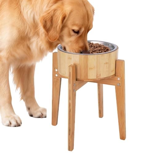 KEVIDEAWL Elevated Dog Bowls for Large Dogs Feeder Two Bowls with a Stainless Steel and Bamboo Dishes,Raised Dog Bowl Stand with Non-Slip Feet,Ideal for Medium and Large Breeds, (13.5-inch High)
