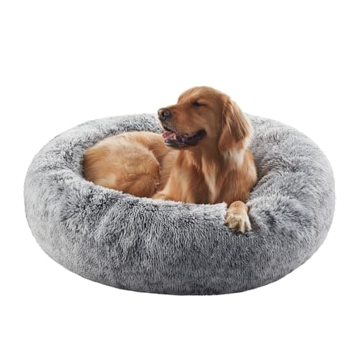 BedStill 36 inches Faux Fur Fluffy Donut Dog Bed for Large Dogs,Dark Grey