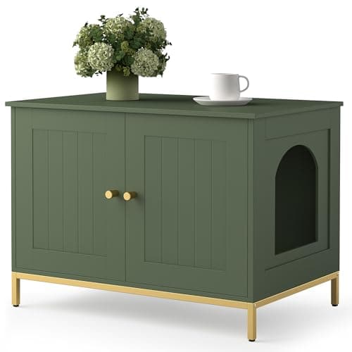 Homhedy 28.3" L Cat Litter Box Enclosure with Metal Frame, Green and Gold