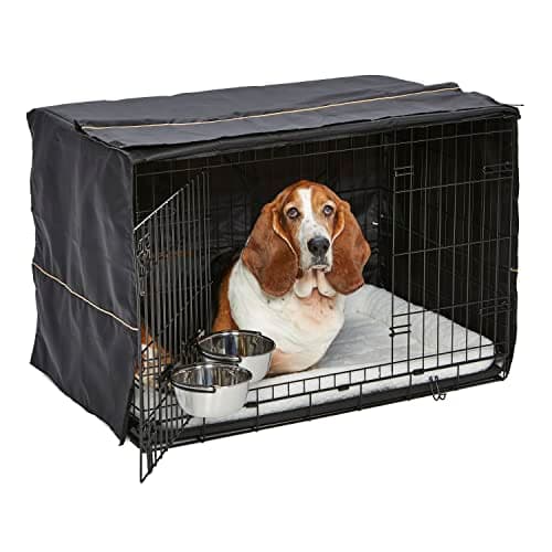 MidWest Homes for Pets Intermediate Double Door iCrate Starter Kit, 36-inch Dog Crate Bundle for Medium to Large Breeds, Includes Cage, Pet Bed, 2 Bowls and Privacy Cover