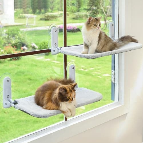Zoratoo 2PC Cat Window Perch, Foldable & Cordless with Metal Frame, M Gray