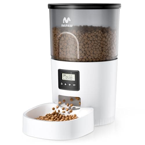 IMIPAW Automatic Cat Feeders, Timed Cat Dry Food Dispenser with Desiccant Bag, Dual Power Supply, Programmable Portion Size, 6 Meals, 20 Portions Per Day, Auto Pet Feeder for Cats and Small Dog, White
