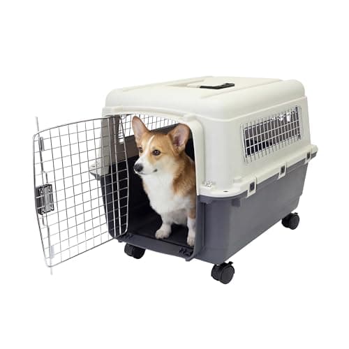 SportPet Airline Compliant MEDIUM 26.5" Travel Dog Kennel-Durable Plastic Airline Pet Carrier w/Removable Wheels & Food Bowls, Collapsible Indoor/Outdoor Dog Kennel, Dogs up to 23"L & 15"H-Cream/Gray