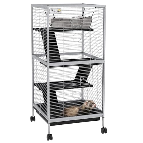 PawHut Metal Small Animal Cage, 4-Tiers Rolling Big Ferret Cage with Hammock, Removable Tray, for Chinchilla, Sugar Glider, White