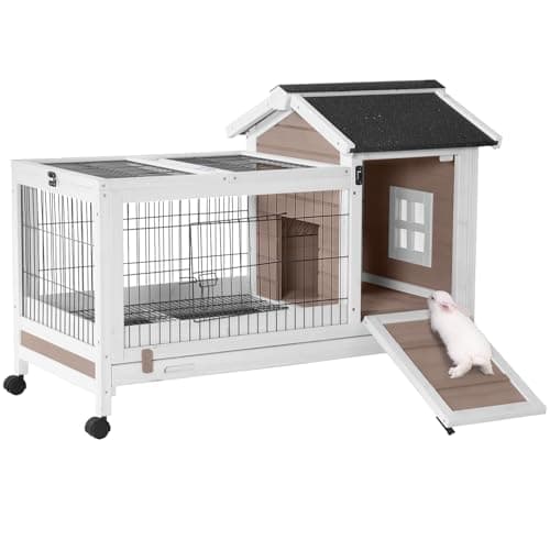 Aivituvin Rabbit Hutch Indoor Bunny Cage Outdoor Bunny House with Wire Floor Leakproof Plastic Tray, Brown