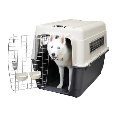 SportPet Airline Compliant XX-LARGE 39" Travel Dog Kennel-Durable Plastic Airline Pet Carrier w/ Removable Wheels & Food Bowls, Collapsible Indoor/Outdoor Dog Kennel, Dogs up to 36"L & 27"H-Cream/Gray