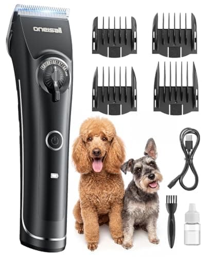 oneisall Dog Clippers for Grooming Thick Heavy Coats | 5 Lengths(0.6-1mm) & Wahl Guard Compatible,Low Noise Cordless,Detachable Blade,3.5Hrs Battery&LCD Display,High-Speed,4 Combs