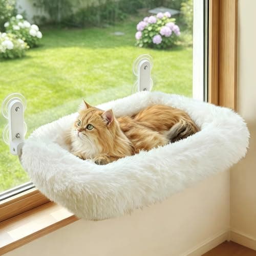 Zoratoo Spacious Cat Window Perch for Large Cats, Widened Long-pile Cat Bed | 24’’L×18’’W, Foldable Design Cat Window Hammock, Large Lying Space, Machine Washable, Sturdy Metal Frame Holds up to 40lbs