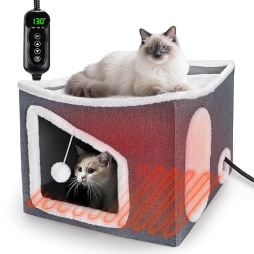 Tovve Heated Cat House for Indoor, Large Cat Bed with Heating Pad, Adjustable Temperature & Timing, with Fluffy Ball Hanging and Scratch Pad, Foldable Pet Hideaway for Small Medium and Large Cats(XL)