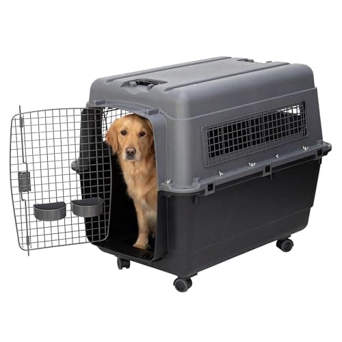SportPet Airline Compliant X-LARGE 35.5" Travel Dog Kennel-Durable Plastic Airline Pet Carrier w/Removable Wheels & Food Bowls, Collapsible Indoor/Outdoor Dog Kennel, Dogs up to 32"L & 23"H-Dark Gray