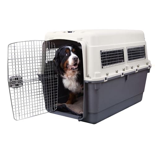 SportPet Airline Compliant XXX-LARGE 48" Travel Dog Kennel-Durable Plastic Airline Pet Carrier w/Removable Wheels & Food Bowls, Collapsible Indoor/Outdoor Dog Kennel, Dogs up to 44"L & 33"H-Cream/Gray