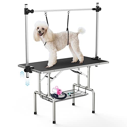 Lyromix 36'' Foldable Dog Grooming Table with Arms/Nooses/Mesh Tray, Black