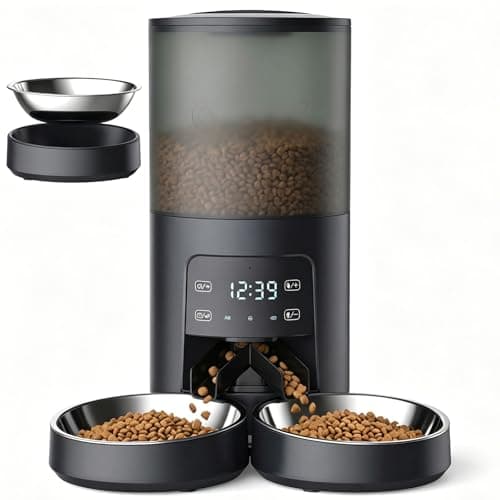 Sweetcrispy Automatic Cat Feeder for 2 Cats, 6L Automatic Pet Feeder, Black | 25.3 Cups, 2 Stainless Bowls, Programmable Schedule, 6 Meals/Day, 50 Portions/Meal, Dual Power Supply, 10s Meal Call
