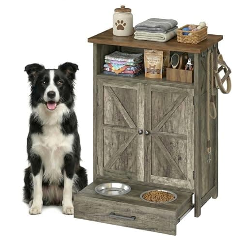 Dog Feeding Station with Storage Cabinet & 2 Elevated Bowls, 3 Side Hooks (Gray)