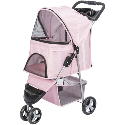 Trixie Foldable Pet Stroller for Cats and Dogs, Pet Carrier Strolling Cart with Weather Cover, Storage Basket, Cup Holder, Pink