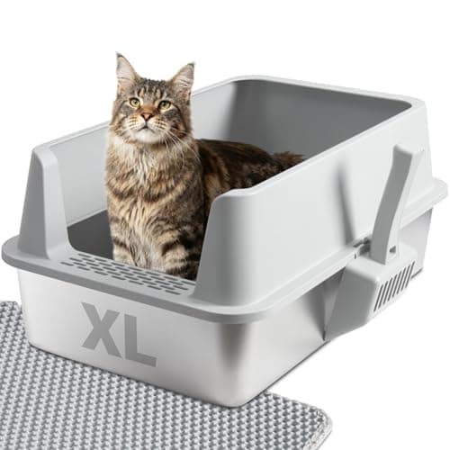 Stainless Steel Cat Litter Box with Lid, XL Metal Litter Box Stainless Steel with Mat & Scoop, Odor-Free/Anti-Leakage & Non-Stick/Easy Clean, High-Sided Litter Box for Multiple Big Cats(XL/Grey)