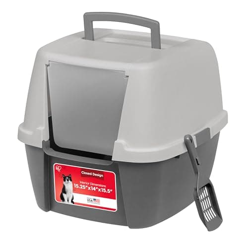 IRIS USA Cat Litter Box Large with Front Door Flap, Covered Enclosed Litter Box Enclosure with Scoop, Handle & Buckles for Portability & Privacy, Hidden Litter Pan, Gray