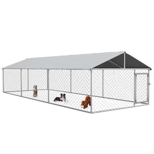 PawHut Outdoor Dog Kennel, Heavy Duty Dog Run Outdoor Fence with Waterproof Cover, Galvanized Chain Link, Secure Lock, for Large Sized Breeds, Chickens, Ducks, 20' x 7.5' x 5'