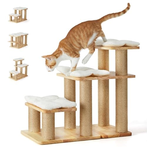 FUKUMARU Dog Stairs, Solid Wood Pet Stairs with Cat Scratching Post