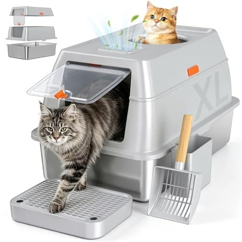 Tevila Extra Large Stainless Steel Litter Box with Lid, High Sided Enclosed Metal Cat Litter Pan, Dog Proof Front Entry Top Exit, Odor Control Easy Clean Leak Proof, Includes Scoop & Step, Light Gray