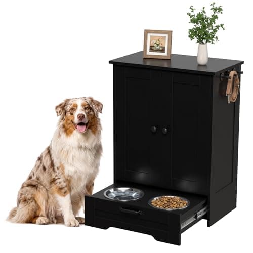 Sylunawyn Dog Feeding Station with Storage Cabinet, Black Wood Dog Cabinet with 2 Elevated Stainless Steel Bowls, Hidden Pull-Out Feeder Drawer, Pet Feeding Station for Kitchen and Living Room