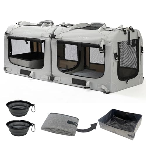 Petseek Extra Large Cat Carrier Soft Sided, Portable Small Dog Carrier for 2 Cats, 24"x16.5"x16" Car Travel Folding Comfortable Design with Litter Box and Bowls, Grey-2+ Litter Box+ Bowl*2