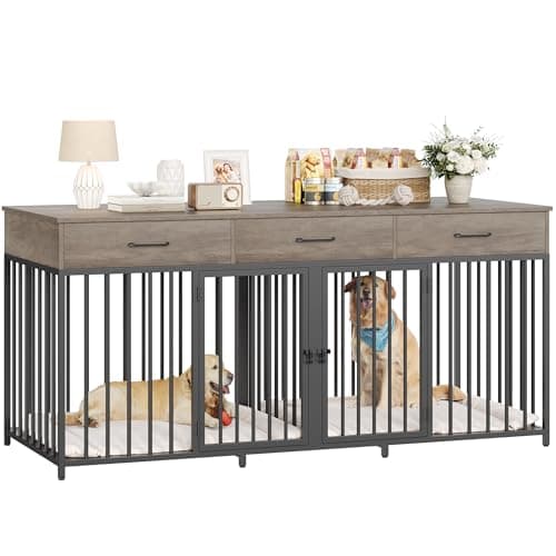 HOSTACK Double Dog Crate, 71" W Indoor Dog Kennel Furniture for 2 Dog, Grey