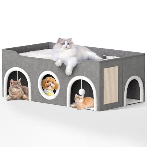 YIJIETON Top Bed Three Rooms Cat Condos,All-in-1 Extra-Wide Cat House for Indoor,Multi Cats Puppy Family, Large Cat Cave for Pet House with Fluffy Ball Hanging and Scratch Pad, Foldable Hideaway