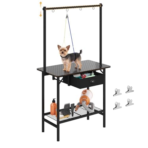 Dog Grooming Table with Drawers and Mesh Tray,32 Inch Adjustable Pet Grooming Table with Non-slip Removable Washable Mat and EVA Protective Lanyard ,Professional Grooming Table for small Dogs at Home