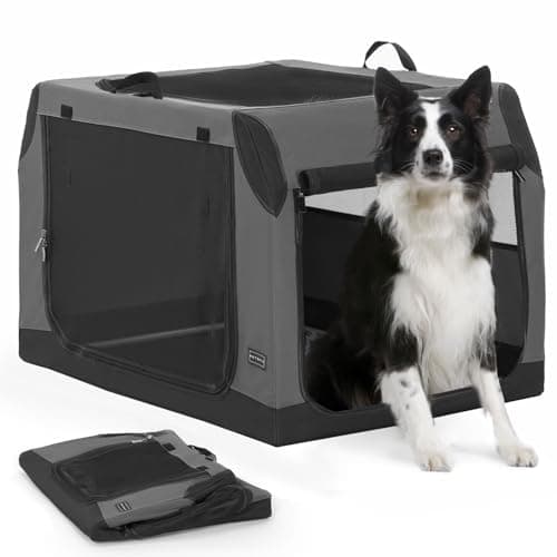 PETSFIT Dog Travel Crate, Soft Sided Dog Crate - 36 Inch Sturdy Adjustable Structure, Easy to Set Up, Collapsible Dog Crate for Car, Light Tough with 3 Mesh Doors Gray