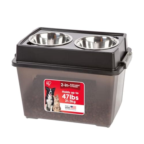 IRIS USA Elevated Dog Bowls 15" H, up to 47 lb Storage, Black, Made in USA