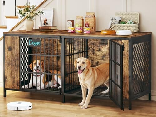63" Large Double Dog Kennel Furniture for 2 Dogs – Extra Sturdy XXL Metal & Wooden Medium Dog Cage with Removable Divider, Dual Doors & Name Tags – Indoor/Outdoor Crate for Large Breeds
