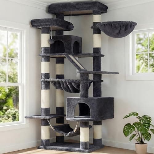 Heybly Cat Tree, 71-Inch-Tall Tower for Indoor Cats with 2 Perches, 2 Big Condos, 2 Hammocks, Basket, Scratching Pad, Large Cat Furniture and Condo, Smoky Gray HCT034G