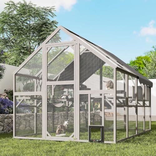 Fansafurn Extra Large Catio – Walk-in Outdoor Cat Enclosure for Multiple Cats, 110" Multi-Level Wood Cat Patio Playpen with Weatherproof Roof, Bridges, Condos and Door Access
