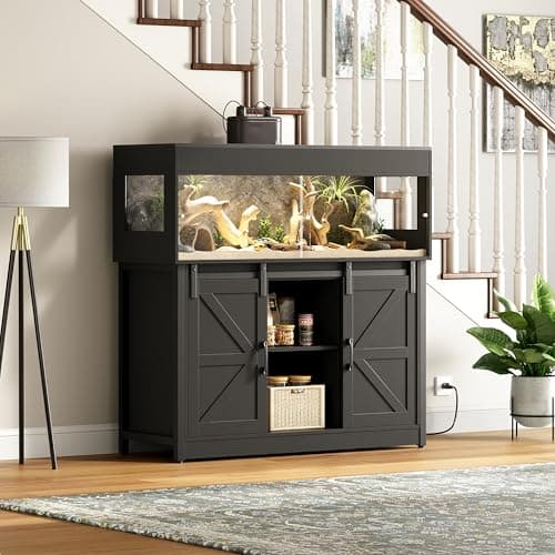 Herture 60 Gallon Reptile Terrarium with Stand Reptile Enclosure Tank | Terrarium Enclosure with Doors,Cabinet with Barn Door,Mesh Lid,Outlet – Vivarium Habitat for Medium Reptiles Black PX05RTB