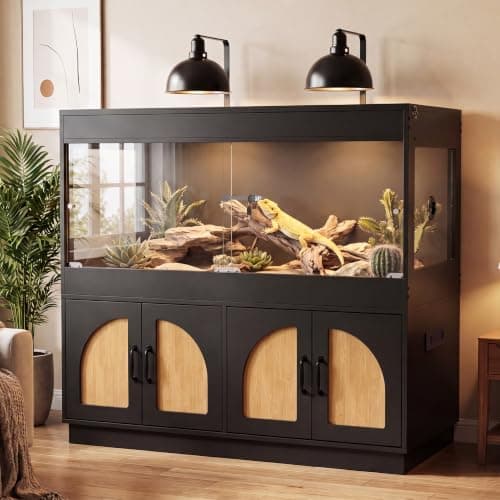 BELNEST 120 Gallon Reptile Terrarium Tank and Storage Cabinet, Black | 4x2x2 Reptile terrarium with stand, glass doors, locking mesh top, acrylic side panels, built-in power, storage cabinet