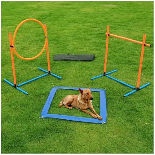 AHAILUOO Dog Agility Set, Jump Ring, Jump Poles, Pause Box & Bag
