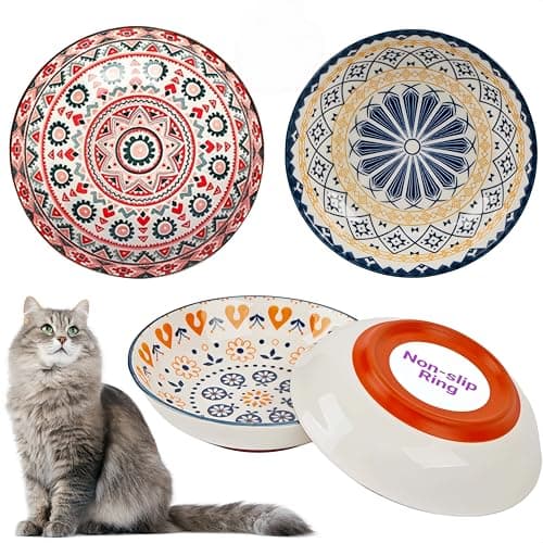Whisker Fatigue Cat Bowl, Ceramic Cat Food Bowl Non-Slip, 3-Pack, 8oz, Boho