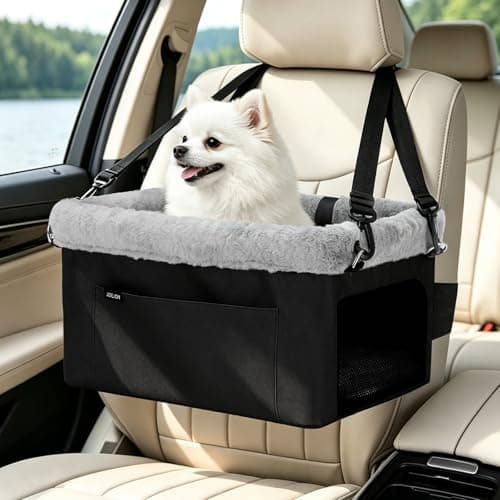 JOEJOY Deluxe Dog Booster Seat with Sturdy Metal Frame and Safety Leash for Small Pets up to 20 lbs - Portable Puppy Dog Car Seat with Thick Cushion and Storage Pockets for Small Dogs, Black