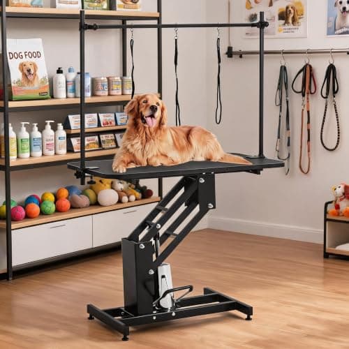 Heavy Duty Hydraulic Dog Grooming Table – Z-Lift Adjustable Height 22''-39'' – Overhead Arm & Noose – Non-Slip Surface – Max Load 350 lbs – Professional Pet Grooming & Bathing Station