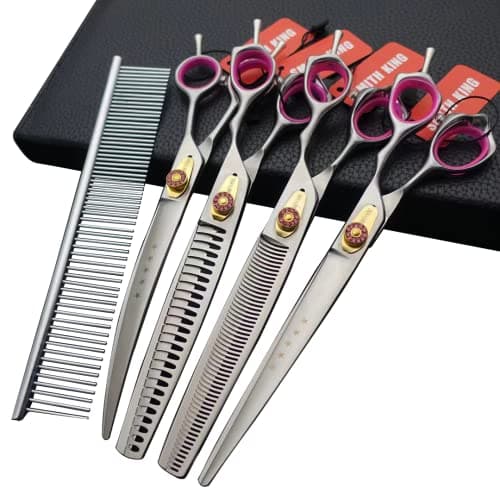 Professional Dog Grooming Shears Set Dogs Straight & thinning & Curved scissors & chunkers Scissorswith comb in 1 Set for Right-handed & Left-handed (8.0 Silvery right-handed)