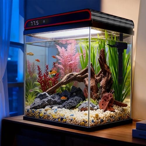 Coospider 5 Gallon Glass Fish Tank, Aquarium Starter Kit, Aquarium Kit with Quiet Filter Pump, 3-Color LED Lights, Simpel Self-Cleaning, Temp Monitoring for Fish, Shrimp, Family Kids Gift Ideas
