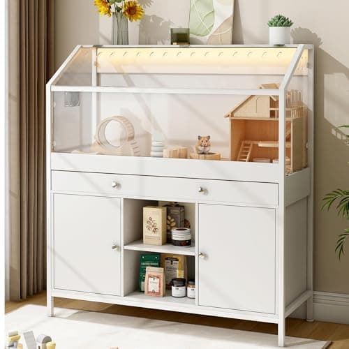 Pipleo Hamster Cage with Storage Cabinet,43.3" Small Animal Cage with LED Lights and Fan, Easy View Acrylic Panel, Large Habitat for Guinea Pig, Hedgehog,Rat 43.3"x 15.7"x 43.3"