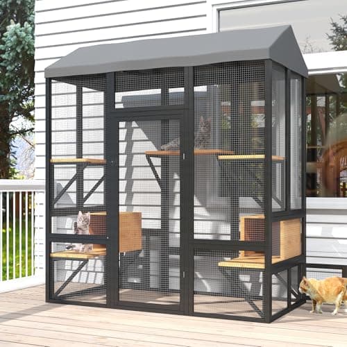TIMHAKA Black Catio Outdoor Cat Enclosure with Waterproof Cover, 72 inch