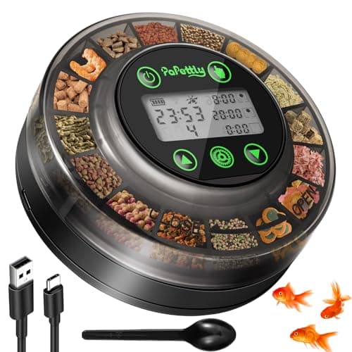 Papettly Automatic Fish Feeder for Aquarium - Auto Fish Food Dispenser for Fish Turtle Tank with USB Cable & LCD Display, Timer Fish Feeder for Vacation Weekend Holiday, with Fish Feeder Spoon