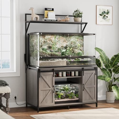 VOWNER 48"x24" Reptile Tank Stand with Power Outlet & Storage Cabinet, Grey | Fits up to 120 Gallon Bearded Dragon Tank, Sliding Barn Doors, Heavy Duty Aquarium Stand, Reptile Turtle Terrarium Stand
