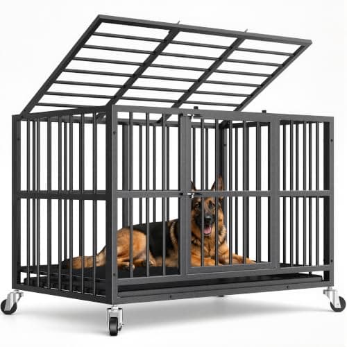 Docagt 48 Inch Heavy Duty Dog Crate Steel Escape Proof, Indoor Double Door High Anxiety Cage, Removable Tray, Large Dog Kennel with Wheels, XL XXL