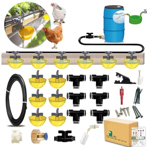 Automatic Chicken Water System, Complete Set with Large Water Cup,Pipeline | Innovative Quick-Connect Chicken Water System, Water Cups Removable and Washable, 18ft Pipeline and Float Valve , 6Cups