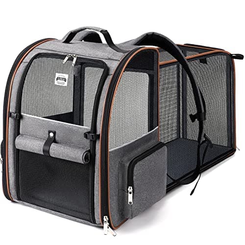 Lekebobor Cat Carrier Backpack, Expandable Pet Carrier with Sun Shade & Full Front Opening, Breathable Mesh Backpack for Small Dogs & Medium Cats Up to 18 Lbs, Foldable for Hiking, Camping (Grey)